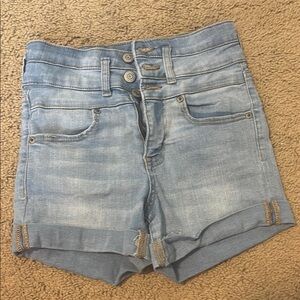 High Waist Blue Denim Shorts with Rolled Cuffs